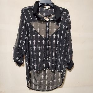 La Vie 89 Black Sheer with Crosses Print Sz Large